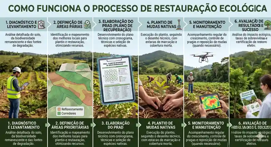 Infográfico em português com seis etapas do processo de restauração ecológica: diagnóstico e levantamento, definição de áreas prioritárias, elaboração do PRAD, plantio de mudas nativas, monitoramento e manutenção, e avaliação de resultados e sucesso.