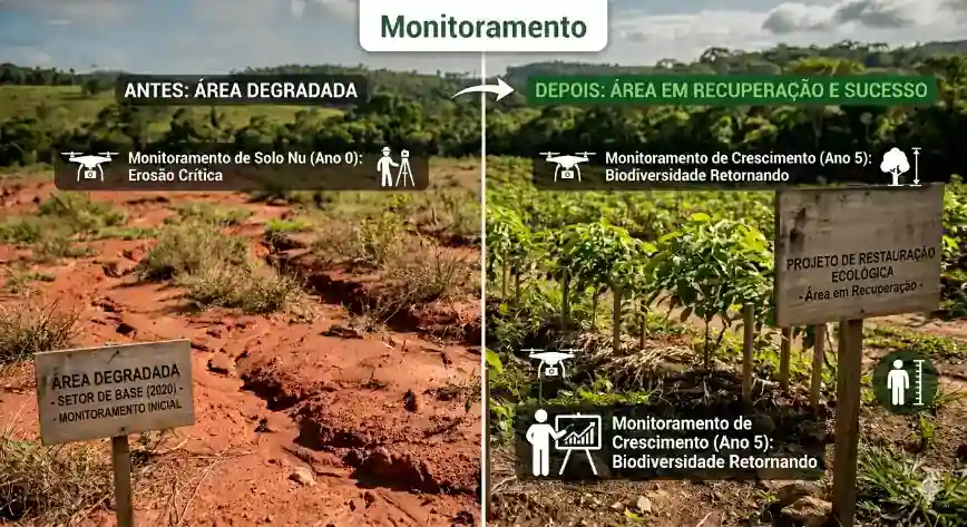 Comparativo de monitoramento ambiental: antes com área degradada por erosão e base de solo (setor em monitoramento) e depois com área em recuperação ecológica, mudas e placa do projeto de restauração.