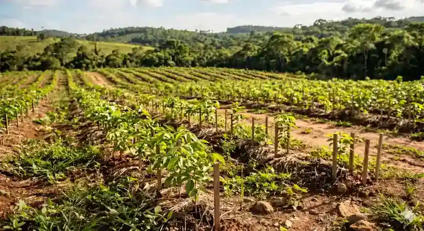 Lavouras em fileiras em uma fazenda, com mudas jovens em canteiros cobertos com solo e palha, ao ar livre sob luz do dia e ao fundo colinas verdes.