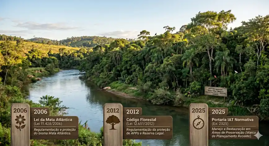 Paisagem de rio cercado por vegetação densa da Mata Atlântica, vista do alto em meio às árvores e às margens, com placas informativas com datas 2006, 2012 e 2025 sobre leis e portarias.