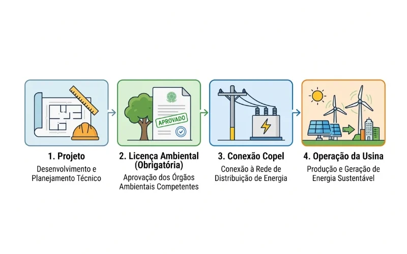Infográfico com quatro etapas do processo de produção e concessões de energia: 1) Projeto e planejamento técnico, 2) Licença ambiental (obrigatória) com aprovação dos órgãos ambientais, 3) Conexão Copel com aprovação e distribuição de energia, 4) Operação da usina com produção de geração de energia sustentável.
