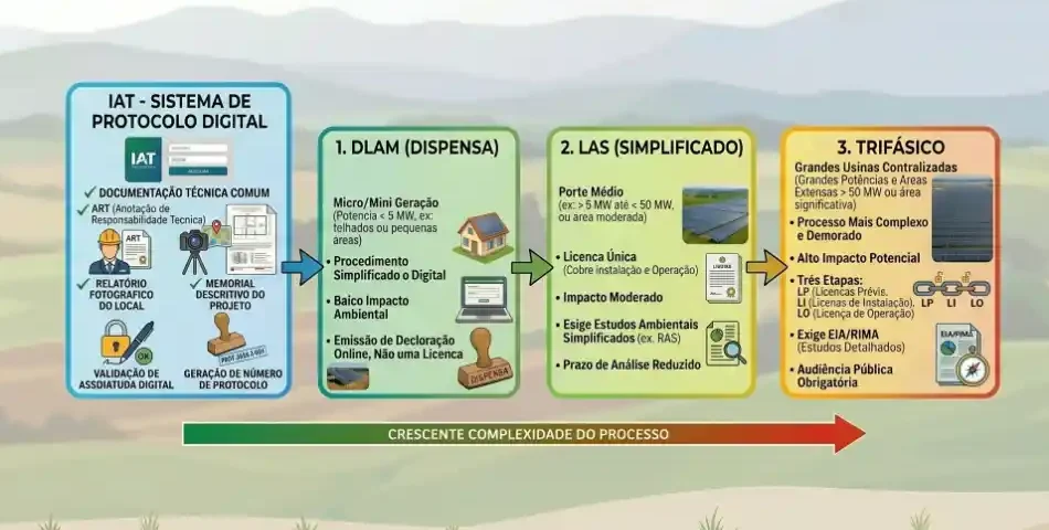 Infográfico do IAT – Sistema de Protocolo Digital da Terra com etapas de simplificação e trifásico, mostrando fluxo do processo e objetivos do sistema, com ilustrações e ícones no centro.