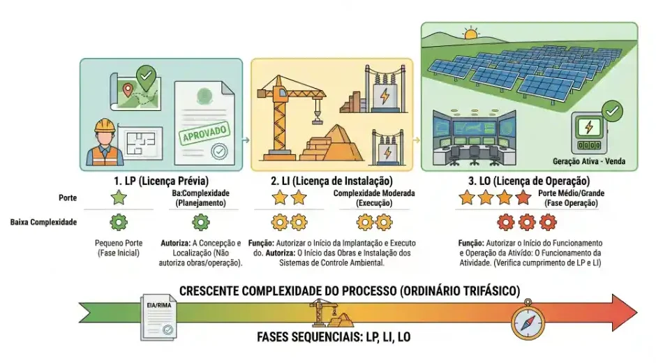 Infográfico do processo de licenças ambientais com três etapas: LP (licença prévia), LI (licença de instalação) e LO (licença de operação), incluindo geração ativa-venda e cumprimento das fases sequenciais do processo ordinário trifásico.