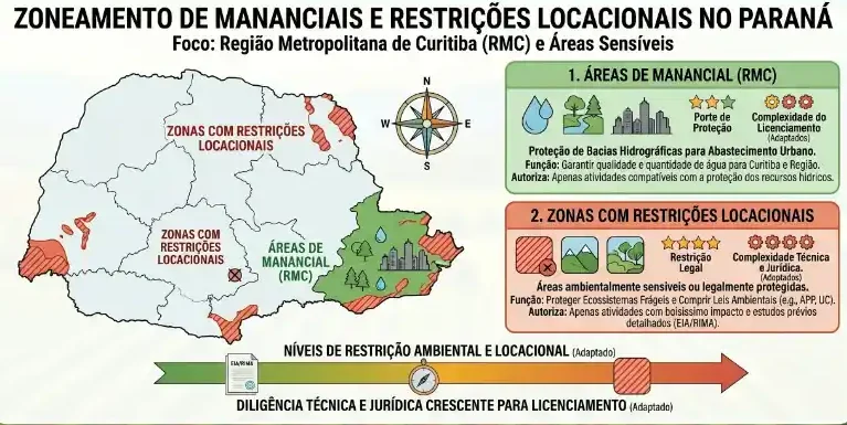 Infográfico sobre zoneamento de mananciais e restrições locacionais no Paraná (foco Região Metropolitana de Curitiba e áreas sensíveis). Mostra zonas com restrições, áreas de manancial e níveis de restrição ambiental, com detalhamento de RMC e complexidade do licenciamento.