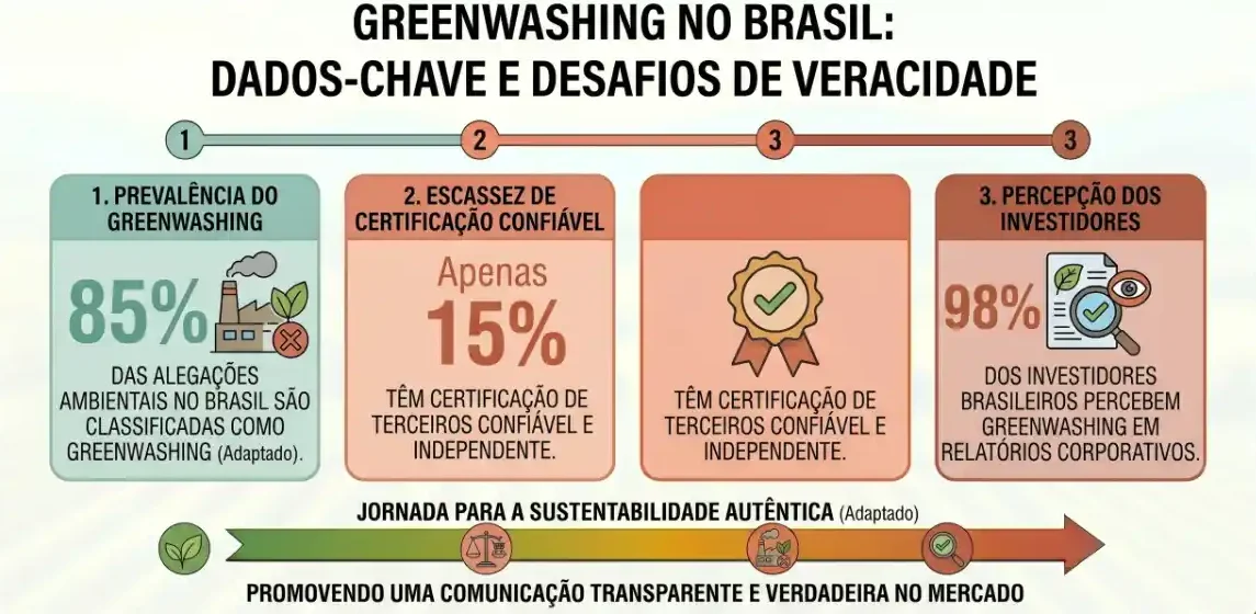 Infográfico sobre greenwashing no Brasil com dados e desafios de veracidade: prevalência de 85% de alegações ambientais classificadas como greenwashing, 15% com certificação confiável e 98% de percepção dos investidores sobre práticas em relatórios corporativos.