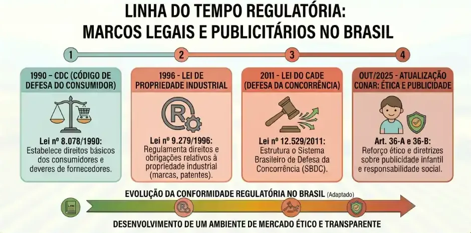 Infográfico com a linha do tempo regulatória: marcos legais e publicitários no Brasil, mostrando datas e leis como CDC de 1990, Lei de Propriedade Industrial de 1996, Lei do Cade de 2011 e atualização do Conar em 2025, com foco em ética e transparência na publicidade.