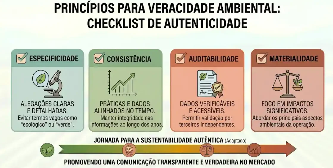 Infográfico com o título “Princípios para Veracidade Ambiental: Checklist de Autenticidade”, mostrando os itens especificidade, consistência, auditabilidade e materialidade, além da “Jornada para a Sustentabilidade Autêntica” e uma seta indicando avanço.