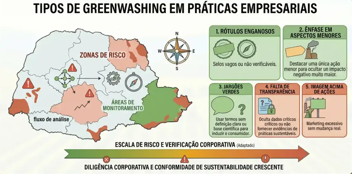 Infográfico educativo sobre tipos de greenwashing em práticas empresariais, com mapa do Brasil e lista de 5 práticas: rótulos enganosos, ênfase em aspectos menores, jargões verdes, falta de transparência e imprecisão de ações, além de escala de risco e verificação corporativa.