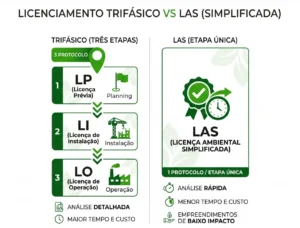 Infográfico comparando licenciamento trifásico com LAS simplificada: no trifásico há três etapas (LP, LI e LO) com três protocolos, análise detalhada, mais tempo e custo; no LAS, licenciamento ambiental em etapa única com 1 protocolo, análise rápida, menor tempo e custo e menos impactos.