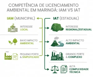 Infográfico sobre competência de licenciamento ambiental em marinha: comparação entre IAM municipal e IAM estadual, mostrando interesses local e regional, impactos ambientais baixo e alto e complexidade de pequeno a grande porte.