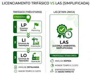 Infográfico comparando licenciamento trifásico em três etapas (LP, LI e LO) com LAS em etapa única, com ícones de análise detalhada e rápida, menor tempo e custo e maior ou menor impacto.