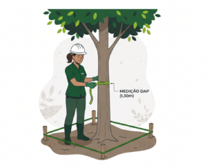 Técnico medindo o DAP de uma árvore com fita diamétrica dentro de uma parcela demarcada. Arquivo: medicao-dap-inventario-florestal-campo.webp