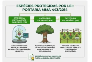 Infográfico com título “Espécies protegidas por lei: Portaria MMA 443/2014”, mostrando categorias Cr, En e VU com ícones de plantas e três níveis de risco de extinção e referência à lista oficial da flora ameaçada de extinção.