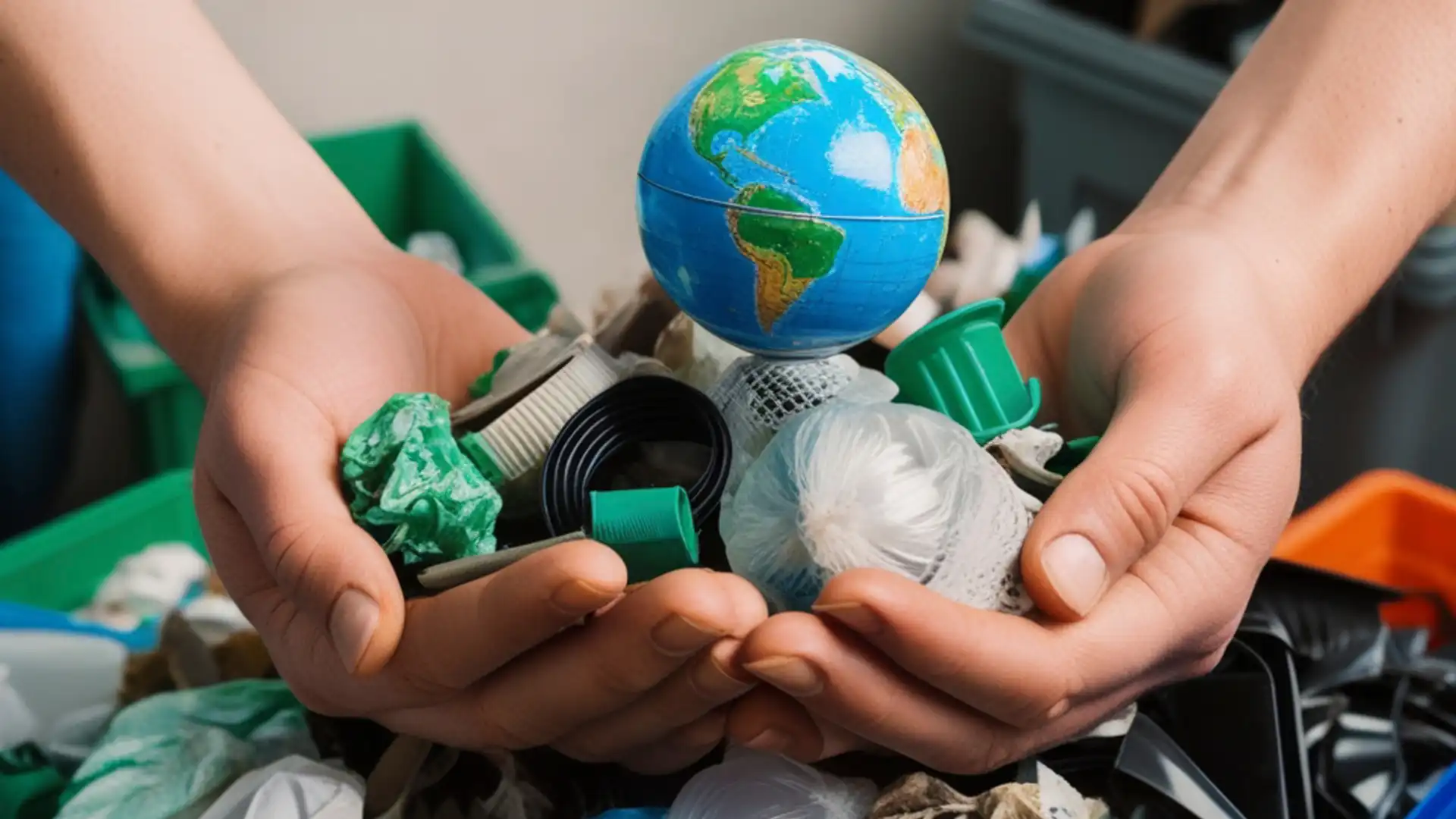 Mãos segurando uma pilha de lixo com um pequeno globo terrestre no centro, destacado a importância da preservação ambiental.