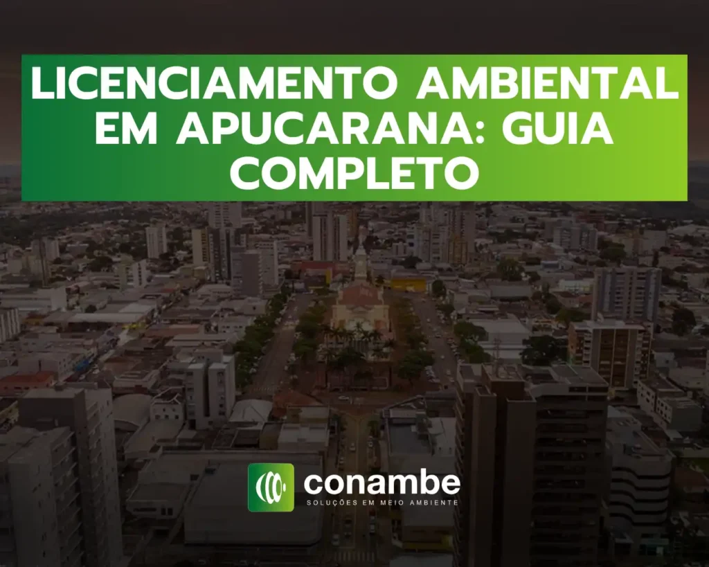 Imagem aérea de Apucarana com destaque para o centro urbano e informações sobre licenciamento ambiental na cidade