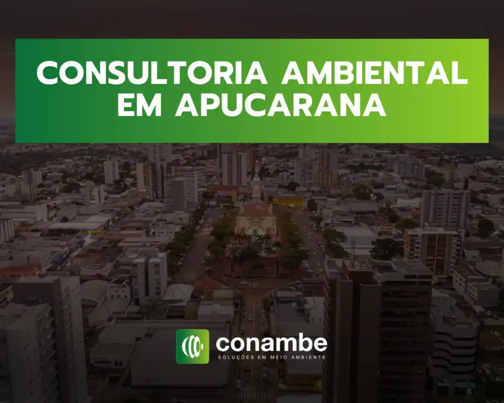 Banner com o texto “Consultoria Ambiental em Apucarana” sobre uma vista aérea da cidade de Apucarana, com prédios e ruas ao fundo, além do logo da Conambe.