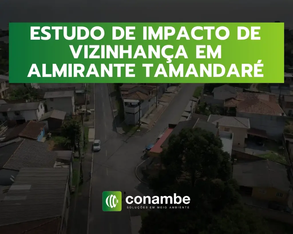 Imagem aérea de uma cidade com ruas e casas, sobreposta por faixa verde com o texto “Estudo de Impacto de Vizinhança em Almôra...”, além do logo “conambe”.