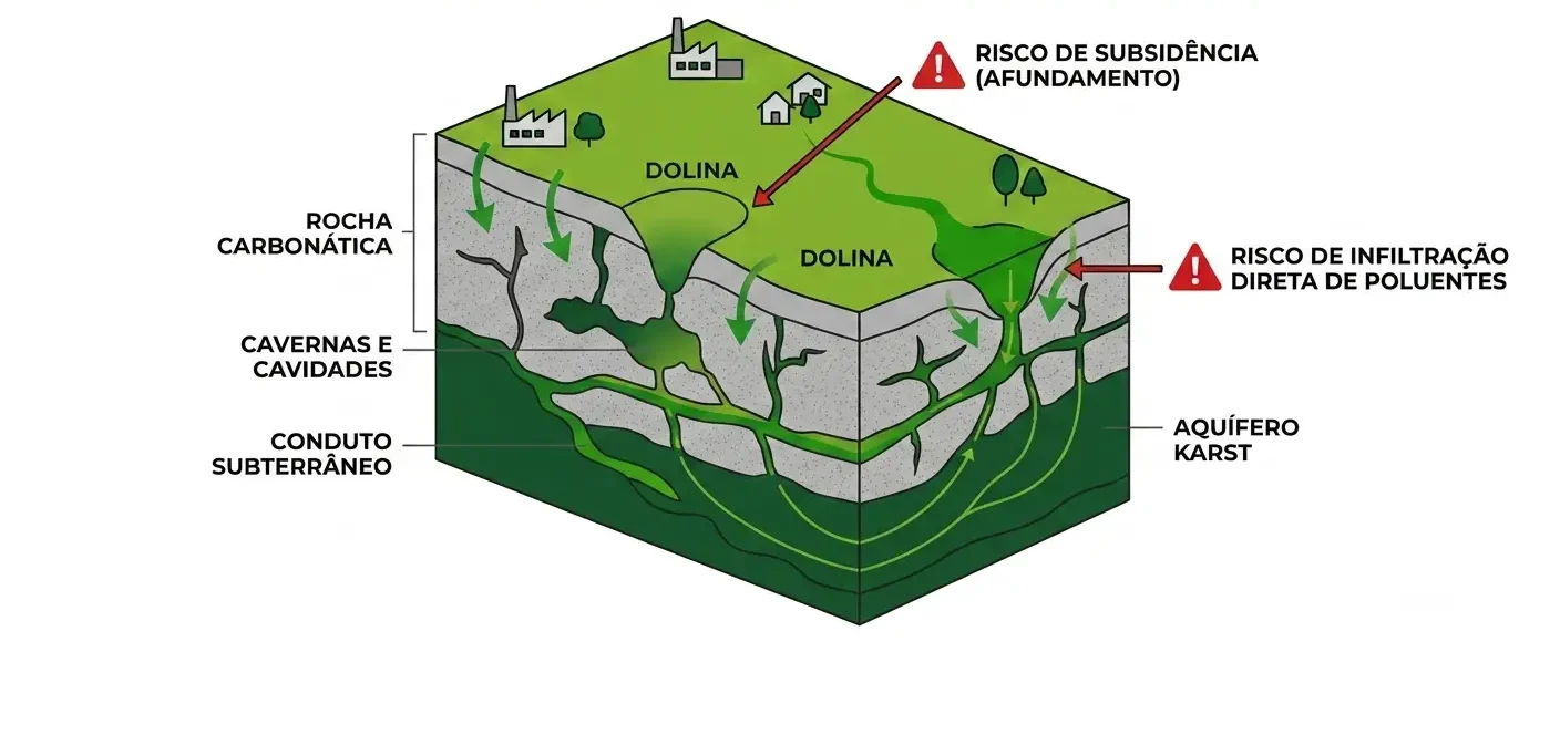 Infográfico técnico com corte esquemático do subsolo cárstico, mostrando rocha carbonática, cavernas e cavidades, conduto subterrâneo e aquífero karst, com risco de subsidência e risco de infiltração direta de poluentes