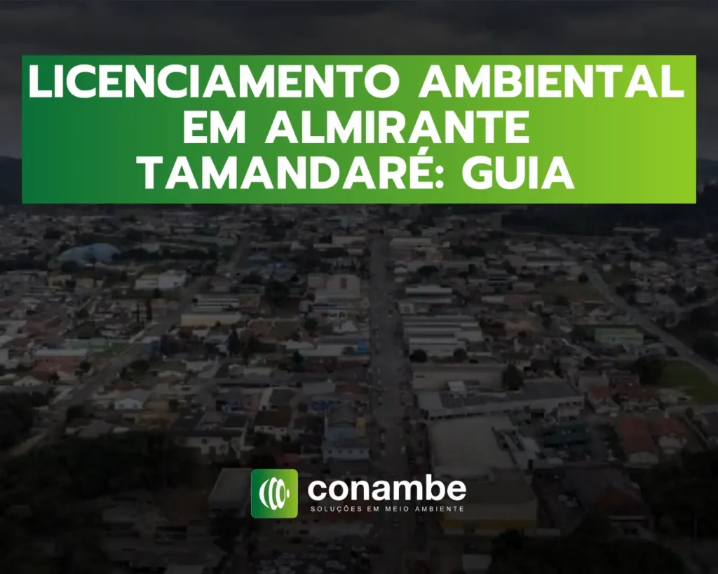 Arte com texto “Licenciamento Ambiental em Almirante Tamandaré: Guia” em faixa verde sobre uma imagem aérea da cidade e logo “conambe”.