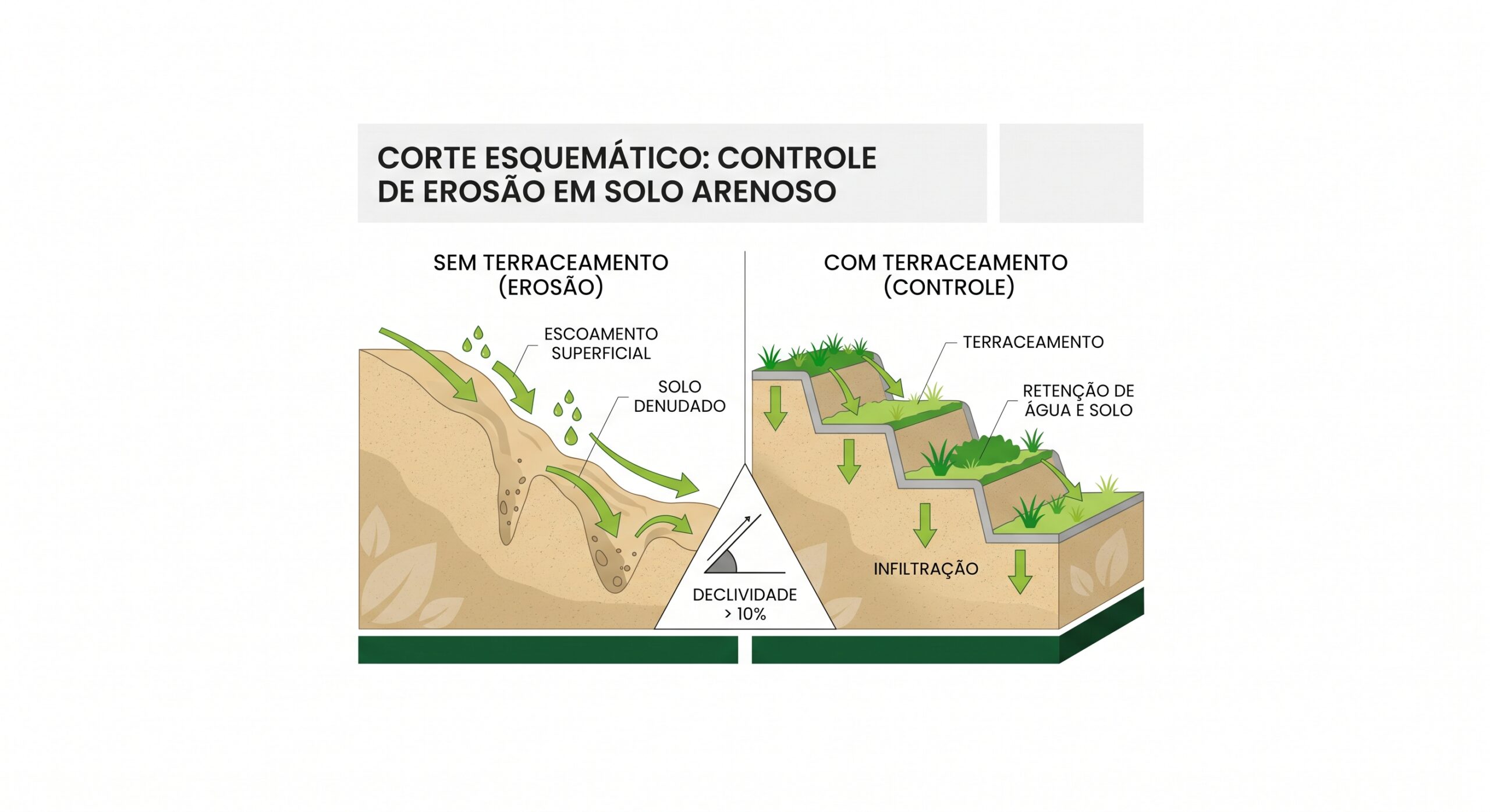 Ilustração comparativa de corte esquemático mostrando controle de erosão em solo arenoso: sem terraceamento com escamento e solo desnundado, e com terraceamento com retenção de água e infiltração.