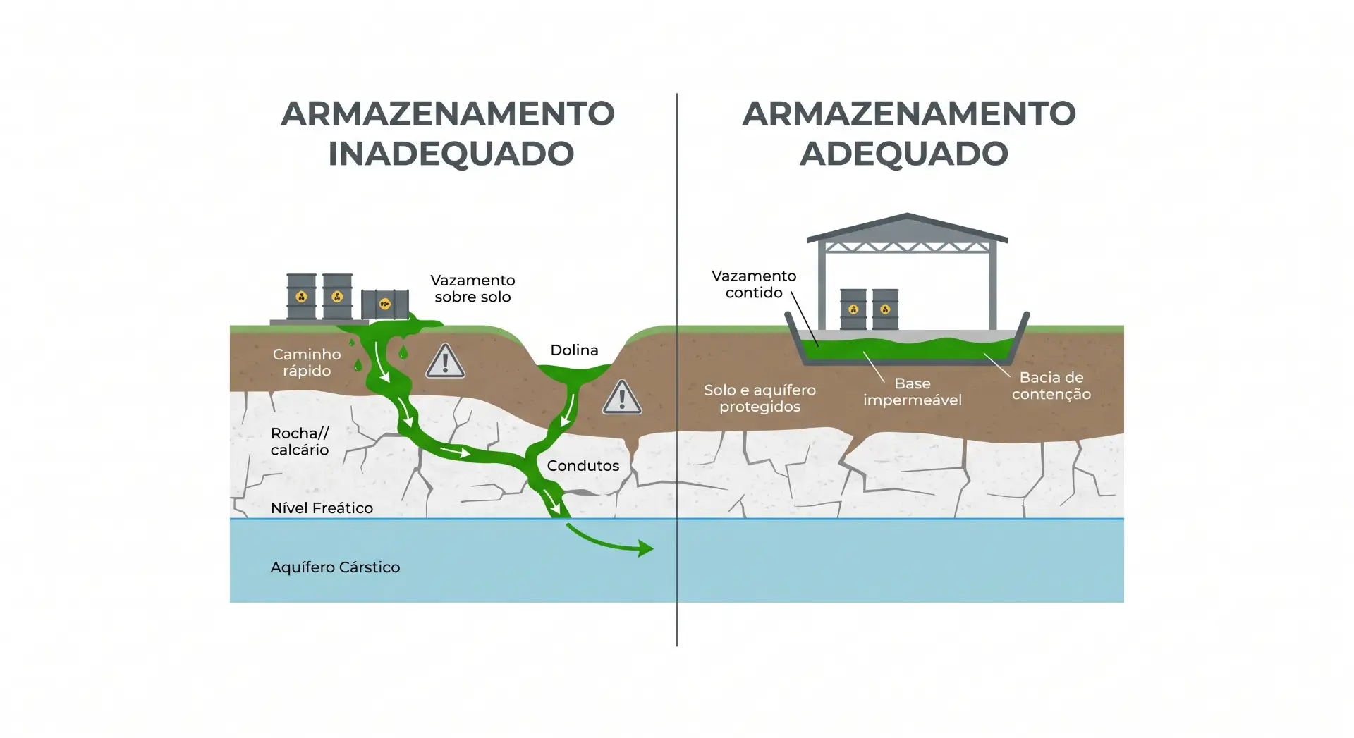 Comparativo entre armazenamento inadequado e adequado de defensivos químicos: à esquerda há vazamento e contaminação do solo e do aquífero; à direita, base impermeável e bacia de contenção evitam o fluxo para o lençol freático.