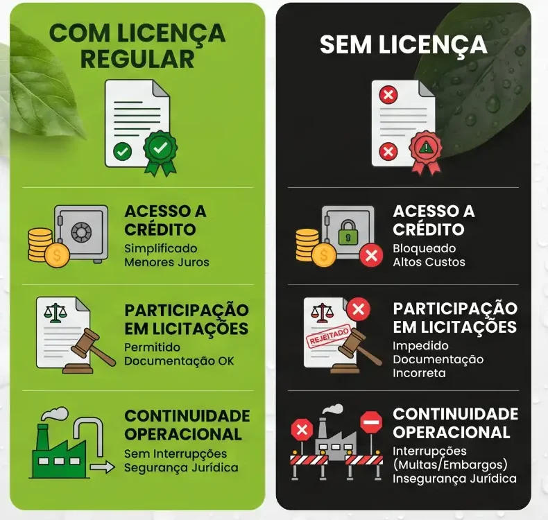 Comparativo entre licença regular e sem licença: no painel da esquerda aparece “COM LICENÇA REGULAR” com ícones de acesso a crédito, participação em licitações e segurança jurídica; à direita “SEM LICENÇA” com avisos e informações como acesso incorreto e perda de continuidade operacional.