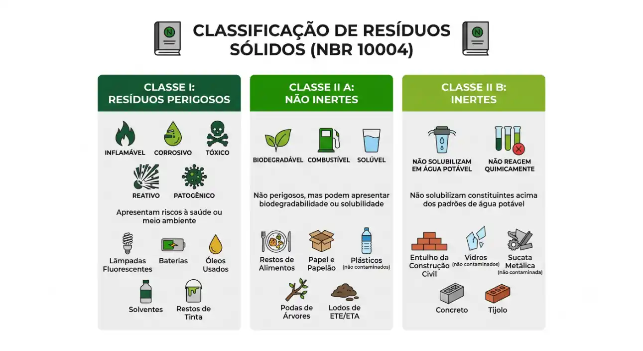 Infográfico de Classificação de Resíduos Sólidos (NBR 10004) com as classes I: resíduos perigosos, classe II A: não inertes e classe II B: inertes, mostrando exemplos como inflamável, corrosivo, biodegradável, não solubilizam e itens como pilhas, óleos usados, papel e plásticos.