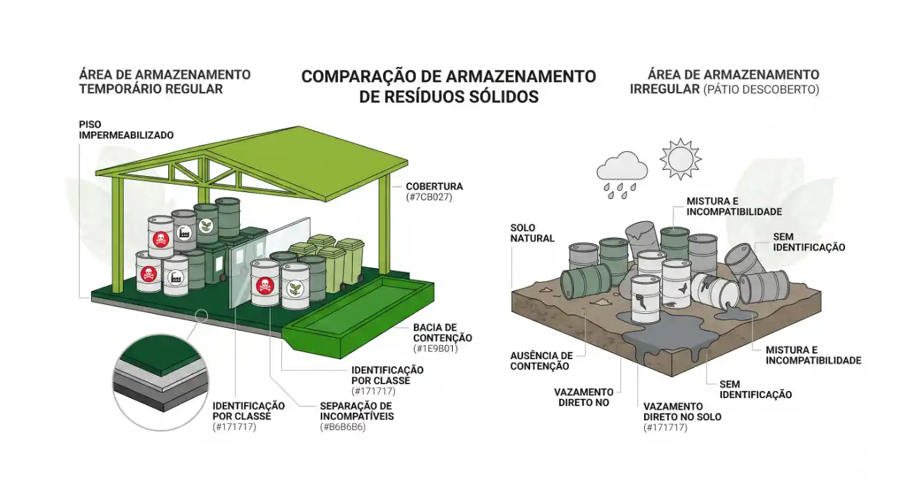 Infográfico comparando armazenamento temporário regular e armazenamento irregular em pátio descoberto, com piso impermeabilizado, cobertura e identificação por classe, além de ilustrar mistura e incompatibilidade de resíduos sólidos, solo sem contaminação e vazamento direto no solo.