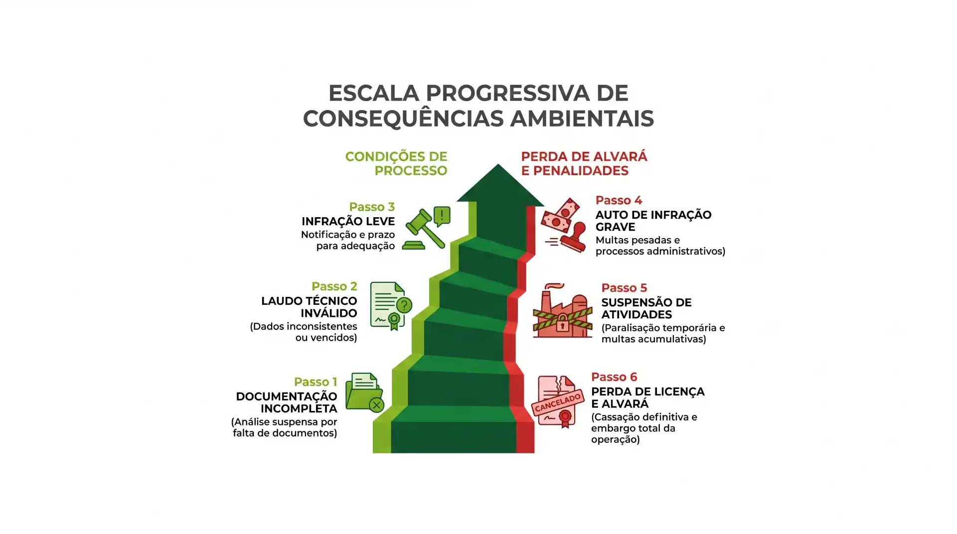 Infográfico em português com a escala progressiva de consequências ambientais, mostrando etapas do processo, perda de alvará e penalidades, auto de infração, suspensão e cassação de licença, com ilustrações em verde e vermelho.