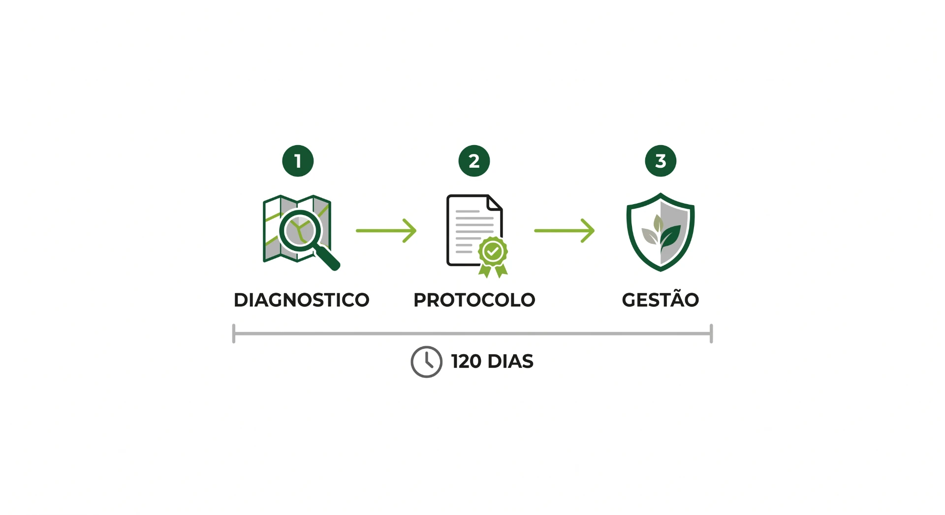 Infográfico com três etapas de um processo: diagnóstico, protocolo e gestão, com seta indicando a sequência. Há um indicador de tempo “120 DIAS”.