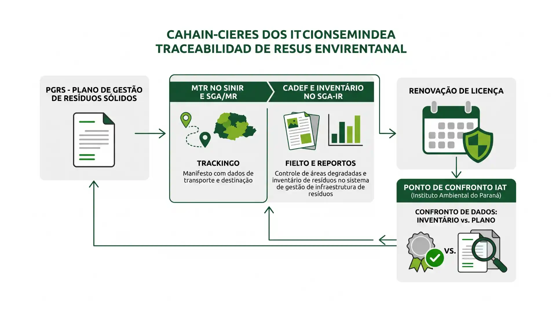 Infográfico sobre gestão de resíduos sólidos com rastreabilidade, tracking do transporte e destino, inventário e relatórios, renovação de licença e ponto de confronto de dados entre inventário vs. plano.