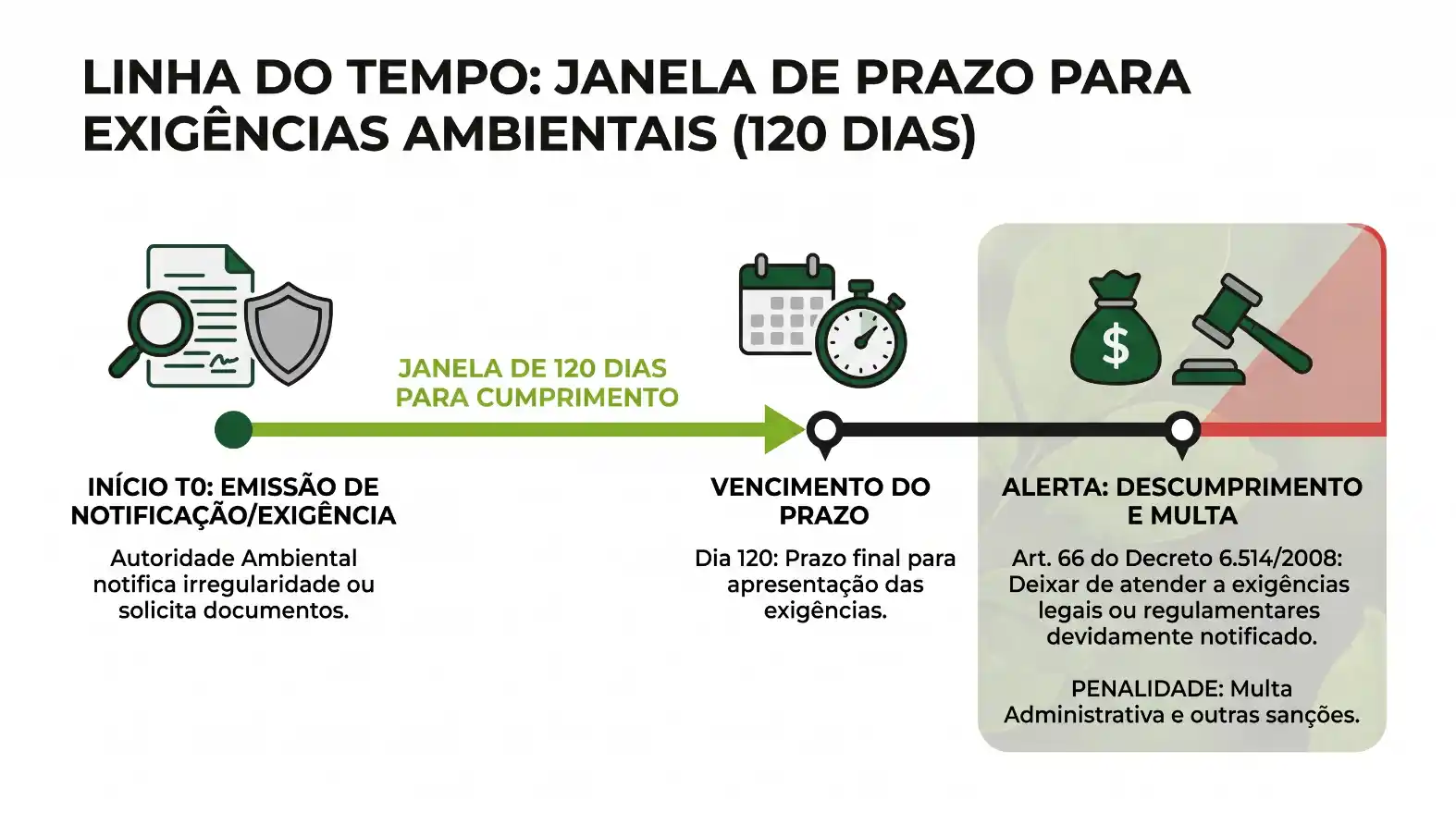 Infográfico sobre Processo de Licenciamento Ambiental: etapas e verificações, com cinco passos ilustrados — verificação prévia de zoneamento, análise de compatibilidade urbana e ambiental, enquadramento da atividade, protocolo no sistema, análise técnica, emissão da licença e declaração aprovada.
