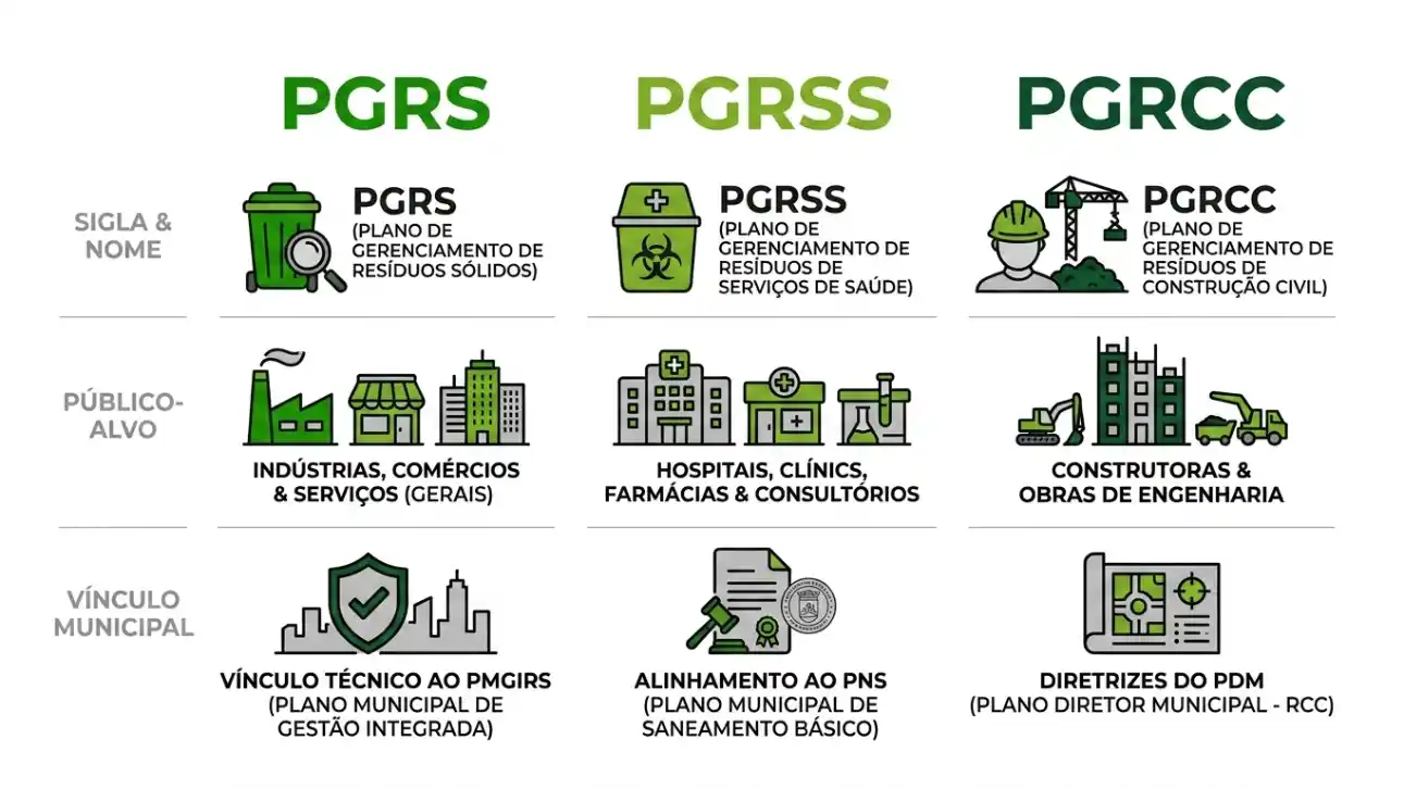Infográfico com os termos PGRS, PGRSS e PGRCC, mostrando planos para gestão de resíduos sólidos, resíduos de serviços de saúde e construção civil, além de públicos-alvo e vínculos técnicos como PDM, PNS e plano diretor municipal.