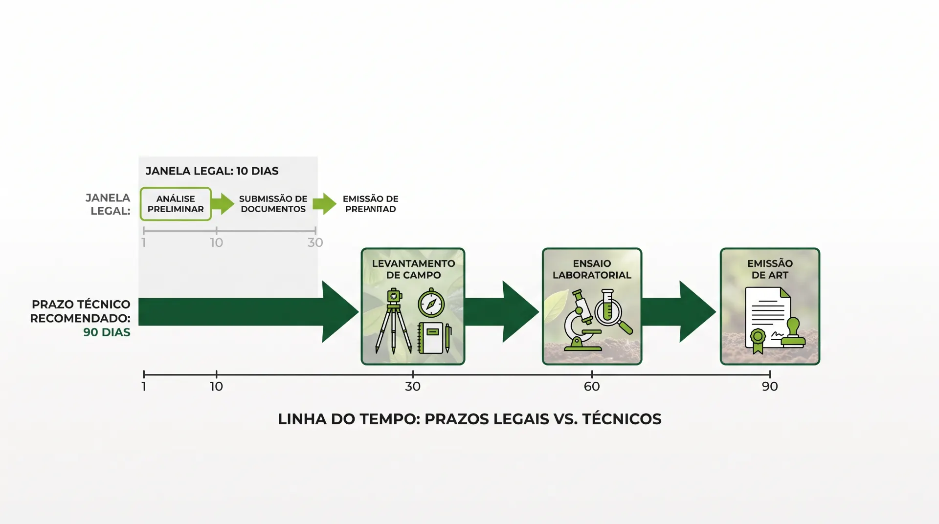 Infográfico de prazos legais versus prazos técnicos em engenharia, com linha do tempo mostrando janela legal de 10 dias, levantamento de campo, ensaio laboratorial e emissão de ART.