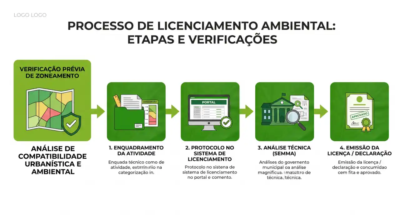 Infográfico sobre Processo de Licenciamento Ambiental: etapas e verificações, com cinco passos ilustrados — verificação prévia de zoneamento, análise de compatibilidade urbana e ambiental, enquadramento da atividade, protocolo no sistema, análise técnica, emissão da licença e declaração aprovada.