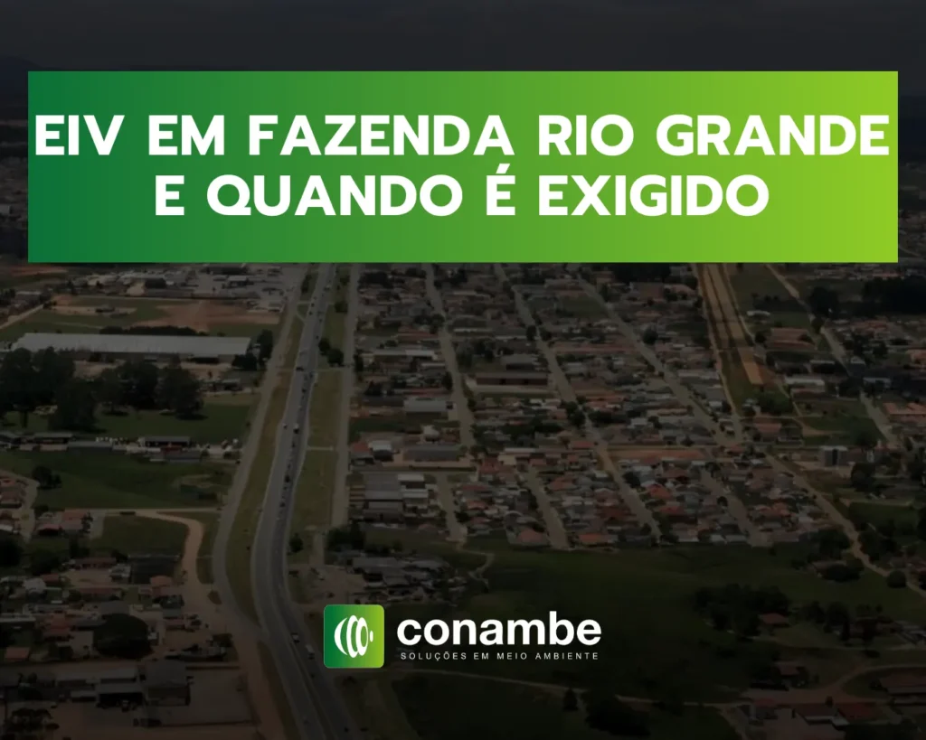 Frase “EIV EM FAZENDA RIO GRANDE E QUANDO É EXIGIDO” sobre foto aérea de uma cidade com ruas e casas, ao fundo, com logo “conambe”.