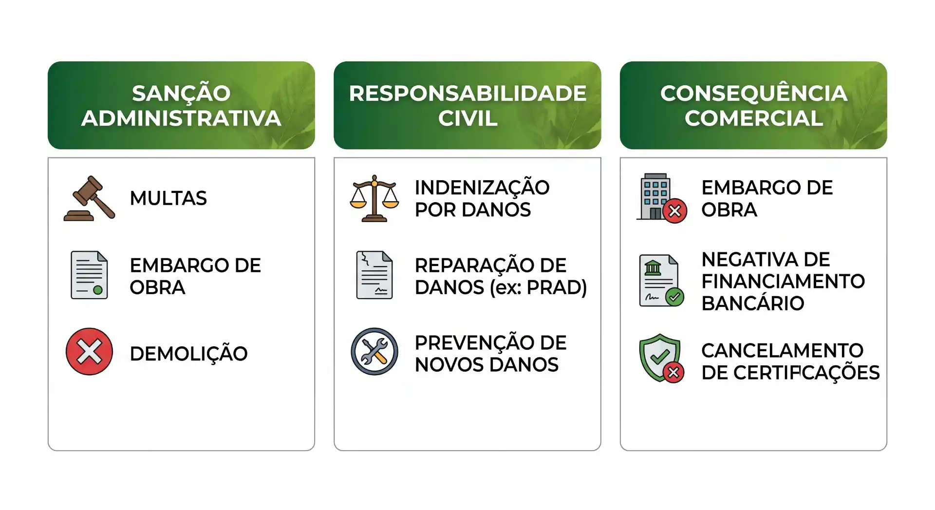 Infográfico com consequências de sanção administrativa, responsabilidade civil e consequência comercial, incluindo multas, embargo de obra, indenização por danos, reparação de danos e exemplos como demolição, embargos e cancelamento de certificações.