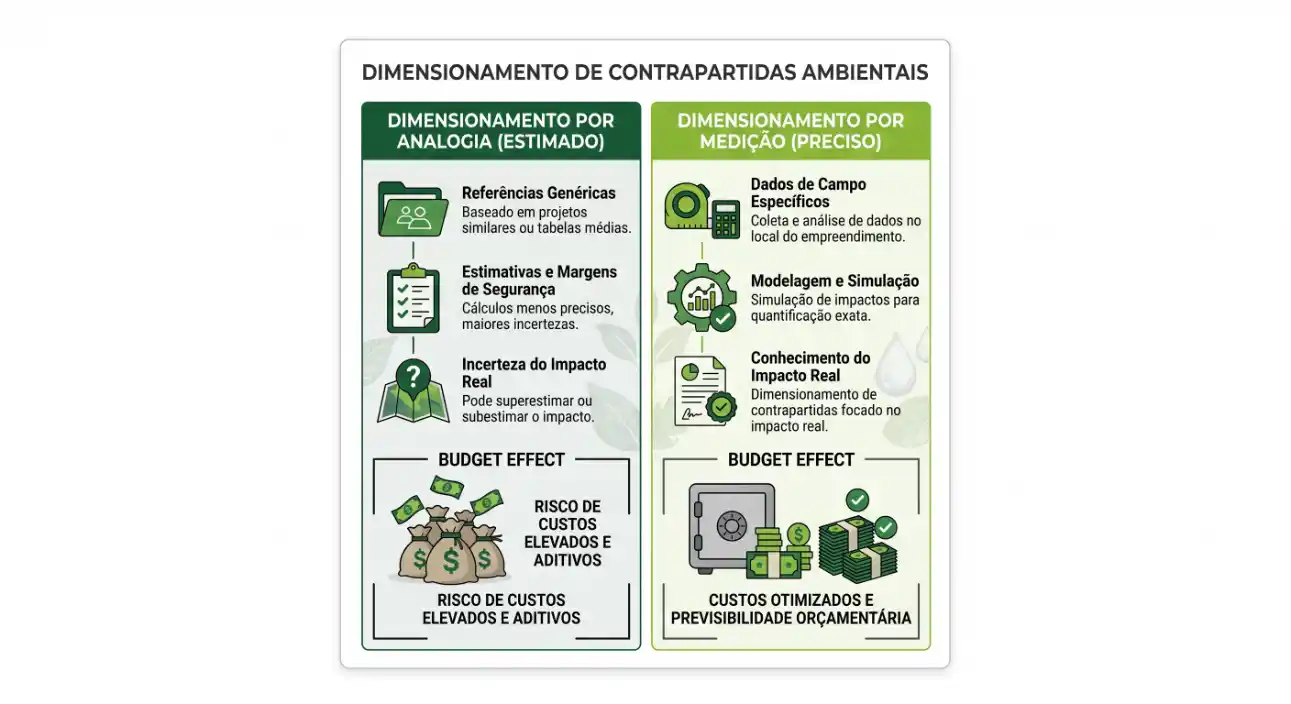 Infográfico com o tema “Dimensionamento de contrapartidas ambientais”, comparando dimensionamento por analogia (estimado) e por medição (preciso), com etapas como referências genéricas, estimativas e margens de segurança, e simulação de impacto real, além de budget effect para custos e previsibilidade.