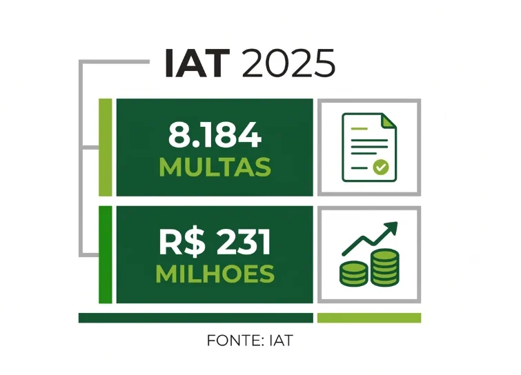 Infográfico com o título IAT 2025 mostrando 8.184 multas, R$ 231 milhões e indicadores de documentos e crescimento, com a fonte IAT na parte inferior.
