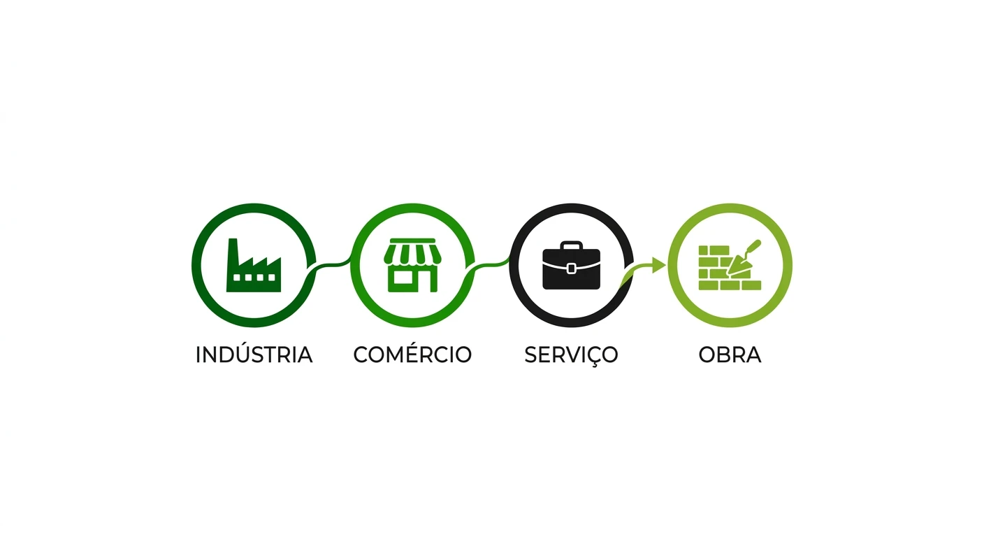 Logotipo com quatro ícones circulares conectados representando os setores Indústria, Comércio, Serviço e Obra, com texto em destaque na parte inferior.