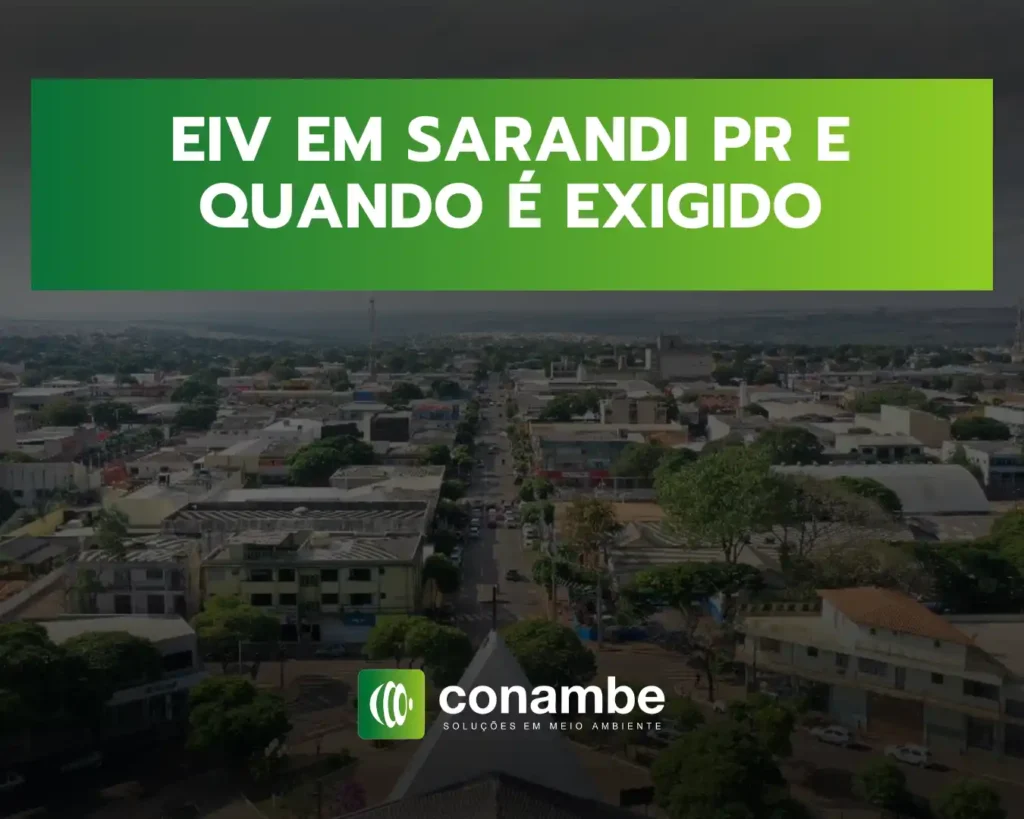 Banner com texto “EIV EM SARANDI PR E QUANDO É EXIGIDO” sobre uma vista aérea de uma cidade, com logo “conambe” na parte inferior.