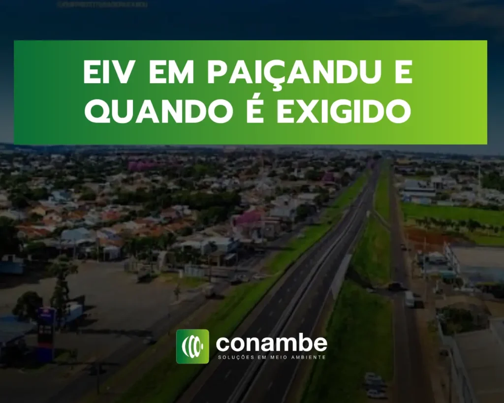 Capa com frase em destaque: "EIV EM PAICANDO E QUANDO É EXIGIDO", sobre uma paisagem urbana com avenida e carros, com logotipo da Conambe ao centro inferior.